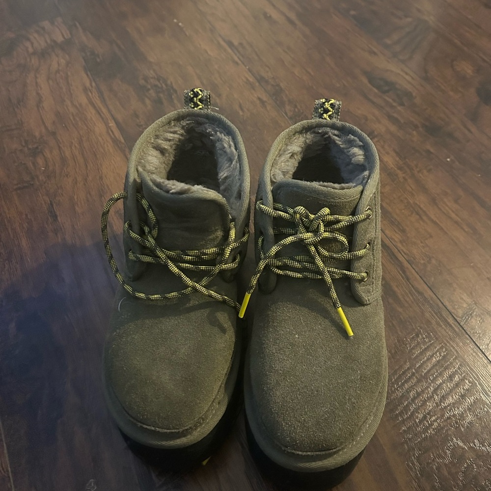 UGG Gray Lace-Up Suede Boots with Yellow Accent